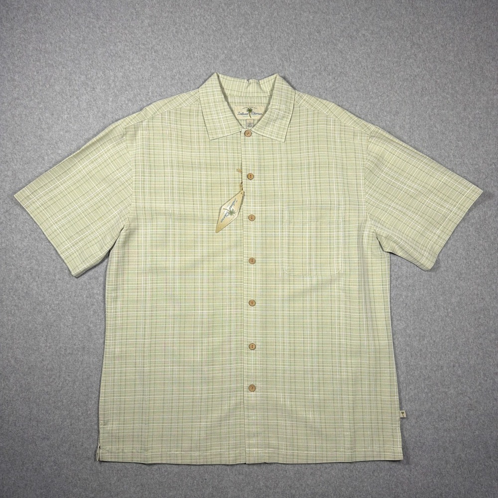 Island Shores Mens Large Bronze Green Plaid Short Sleeve Button Up Camp Shirt NW